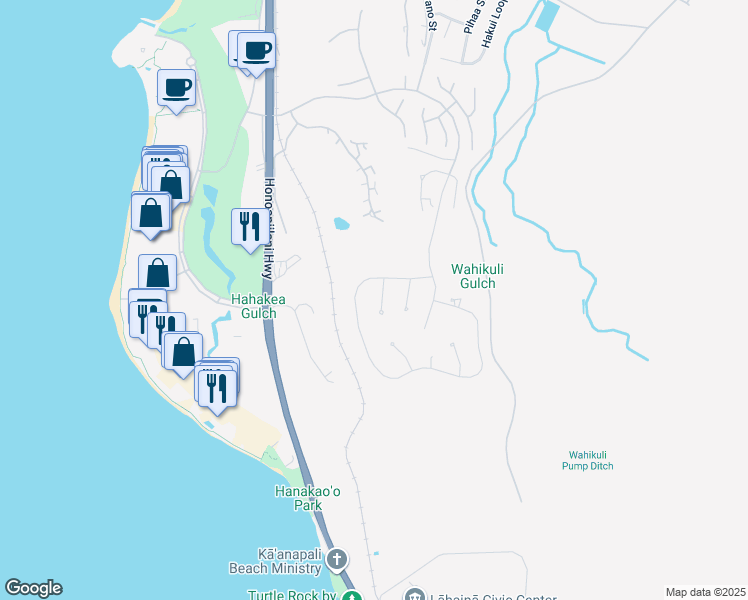 map of restaurants, bars, coffee shops, grocery stores, and more near 44 Lolii Place in Lahaina