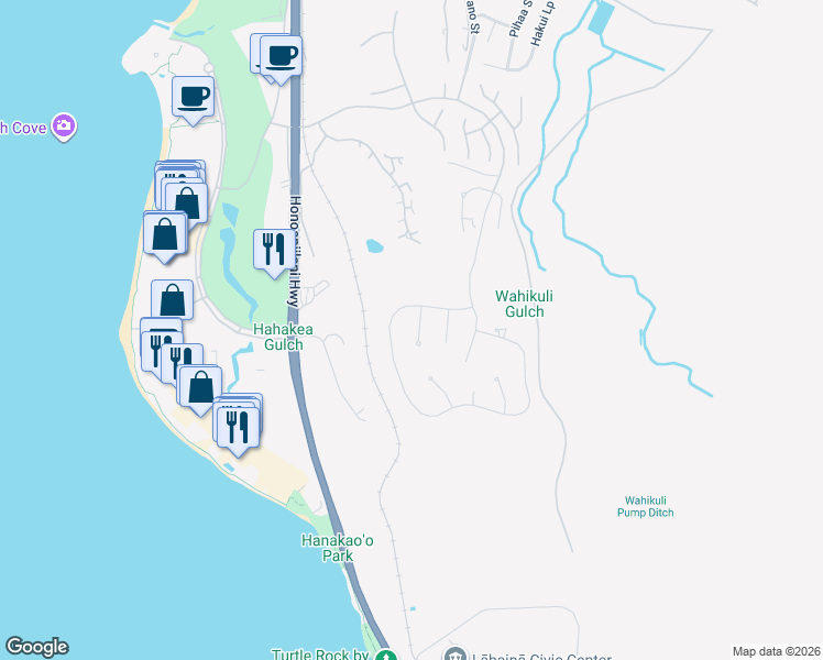 map of restaurants, bars, coffee shops, grocery stores, and more near 44 Lolii Place in Lahaina