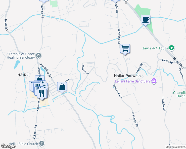 map of restaurants, bars, coffee shops, grocery stores, and more near 1300 Haiku Road in Haiku-Pauwela