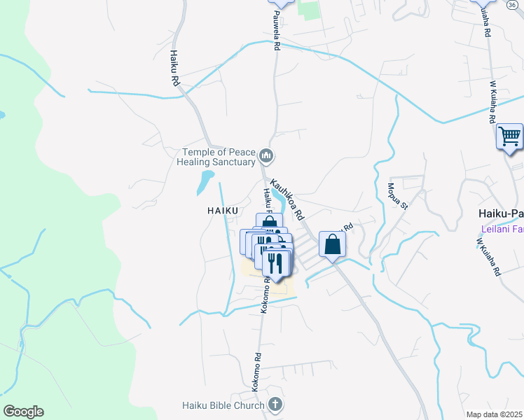 map of restaurants, bars, coffee shops, grocery stores, and more near 13 Haiku Nani Place in Haiku-Pauwela
