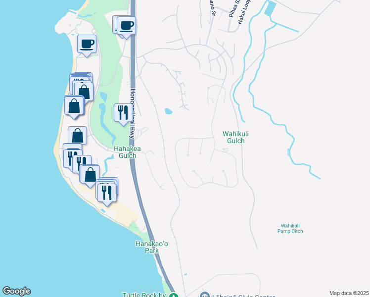 map of restaurants, bars, coffee shops, grocery stores, and more near 44 Lolii Place in Lahaina