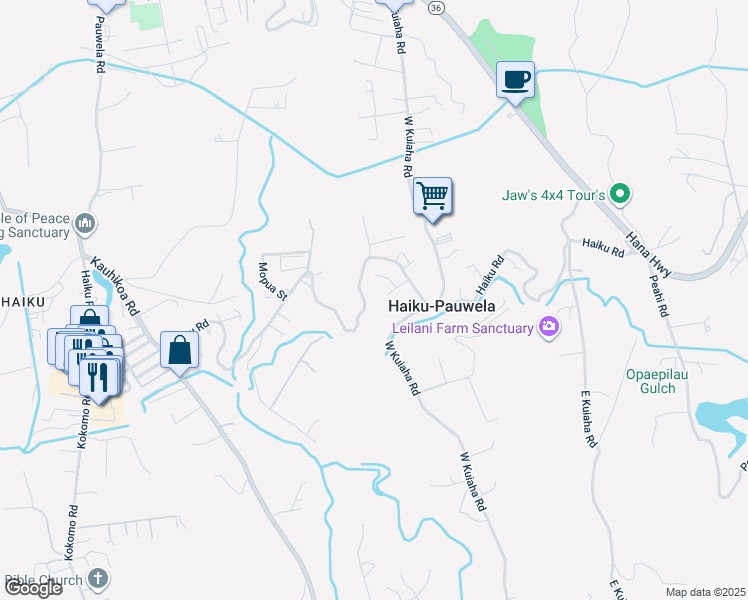 map of restaurants, bars, coffee shops, grocery stores, and more near 570 West Kuiaha Road in Haiku-Pauwela