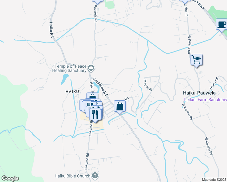 map of restaurants, bars, coffee shops, grocery stores, and more near 701 Kauhikoa Road in Haiku-Pauwela