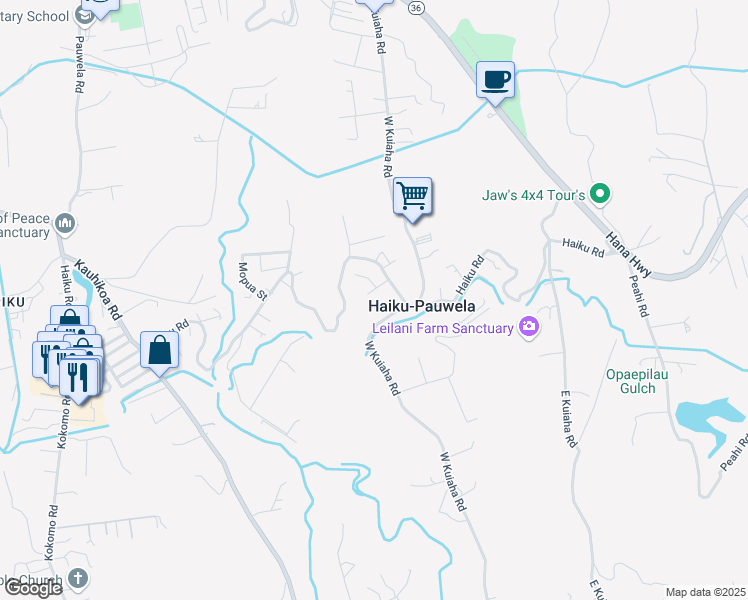 map of restaurants, bars, coffee shops, grocery stores, and more near 851 Kili Place in Haiku-Pauwela