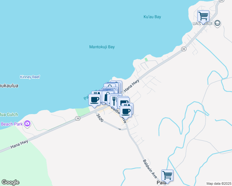 map of restaurants, bars, coffee shops, grocery stores, and more near Emi Place in Paia