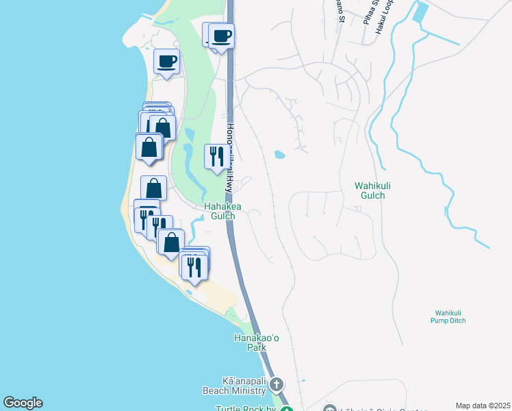 map of restaurants, bars, coffee shops, grocery stores, and more near 19 Holomakani Place in Lahaina
