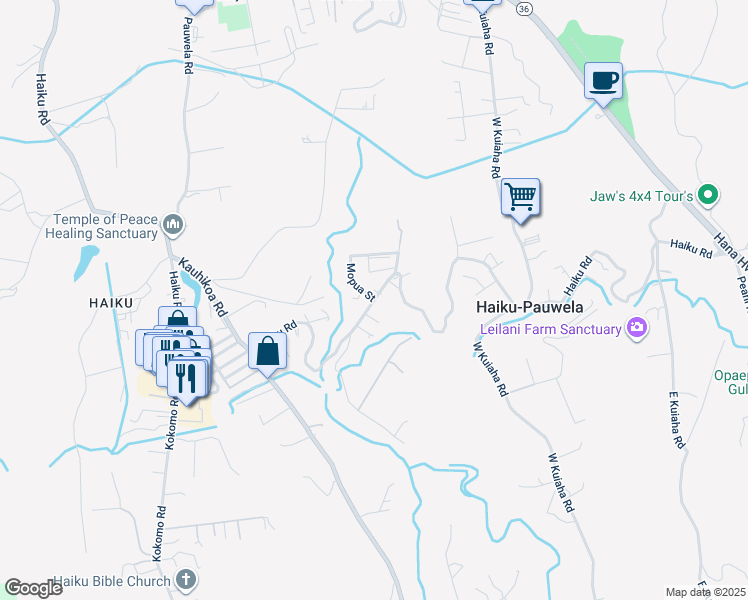 map of restaurants, bars, coffee shops, grocery stores, and more near 1333 Haiku Road in Haiku-Pauwela