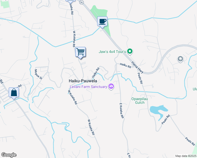 map of restaurants, bars, coffee shops, grocery stores, and more near 230 Mauu Place in Haiku-Pauwela