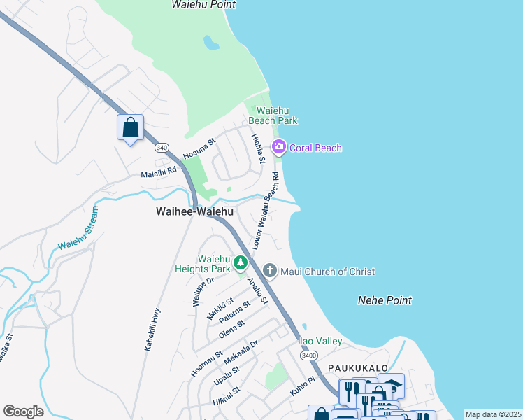 map of restaurants, bars, coffee shops, grocery stores, and more near 105 Lower Waiehu Beach Road in Wailuku