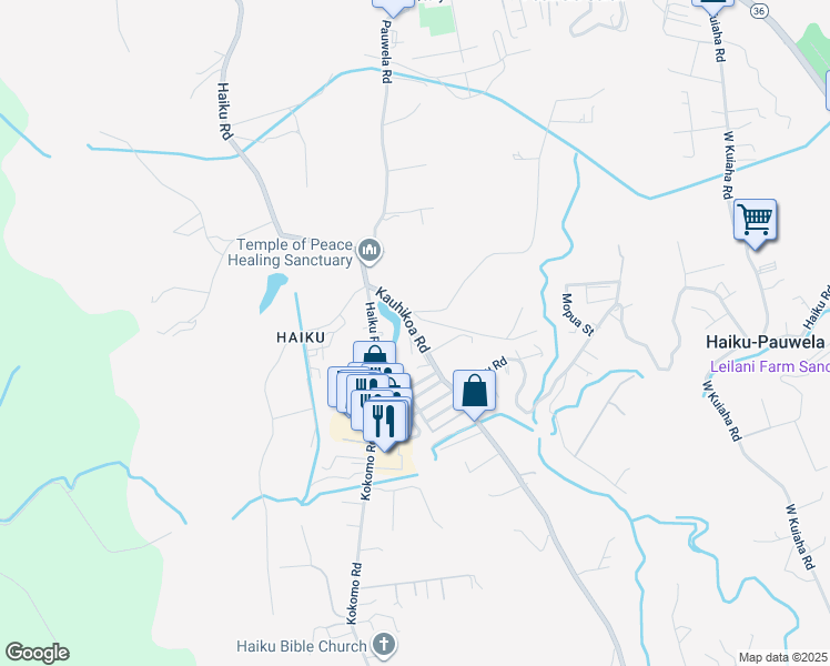 map of restaurants, bars, coffee shops, grocery stores, and more near 695 Kauhikoa Road in Haiku-Pauwela