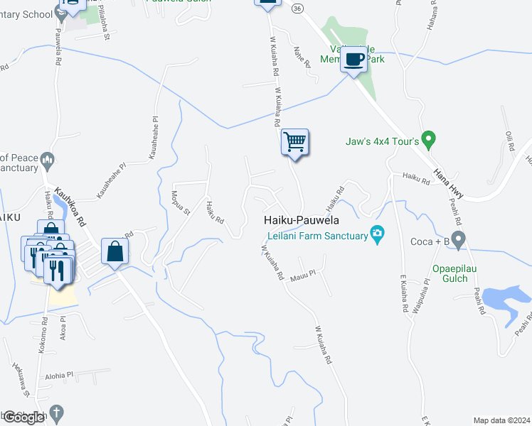 map of restaurants, bars, coffee shops, grocery stores, and more near 839 Kili Place in Haiku-Pauwela