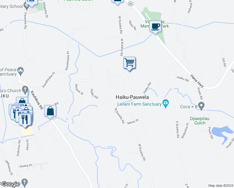 map of restaurants, bars, coffee shops, grocery stores, and more near 837 Kili Place in Haiku-Pauwela