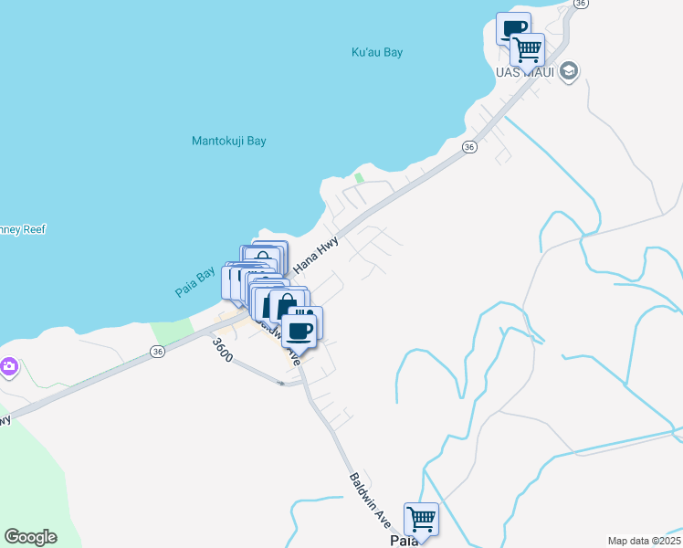 map of restaurants, bars, coffee shops, grocery stores, and more near 38 Kaiea Place in Paia