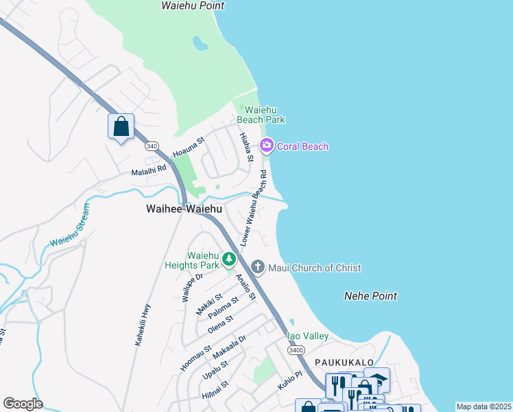 map of restaurants, bars, coffee shops, grocery stores, and more near 104 Lower Waiehu Beach Road in Wailuku