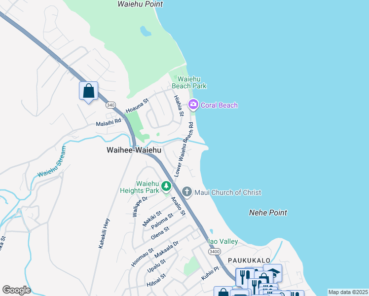 map of restaurants, bars, coffee shops, grocery stores, and more near 104 Lower Waiehu Beach Road in Wailuku