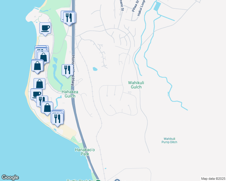 map of restaurants, bars, coffee shops, grocery stores, and more near 46 Kaulele Place in Lahaina