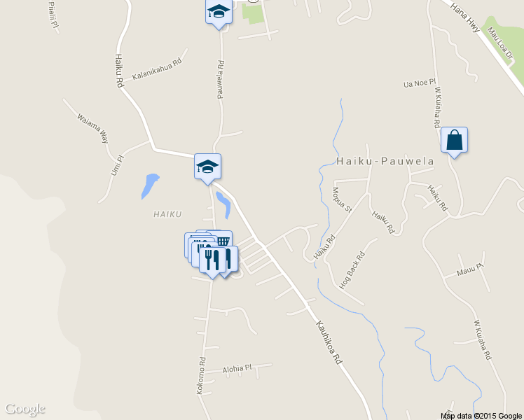 map of restaurants, bars, coffee shops, grocery stores, and more near 701 Kauhikoa Road in Haiku-Pauwela