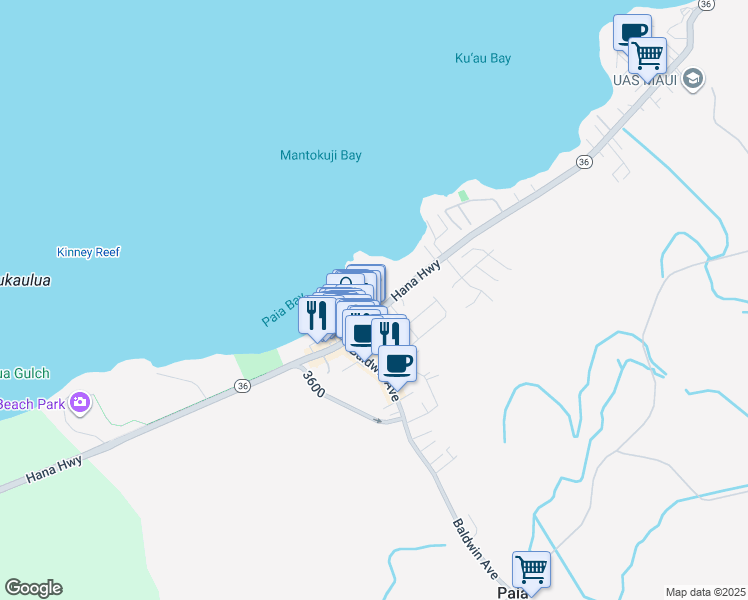 map of restaurants, bars, coffee shops, grocery stores, and more near 22 Loio Place in Paia