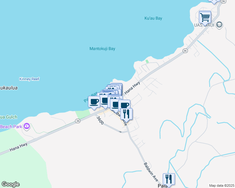 map of restaurants, bars, coffee shops, grocery stores, and more near 22 Loio Place in Paia
