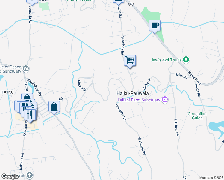map of restaurants, bars, coffee shops, grocery stores, and more near 862 Kili Place in Haiku-Pauwela