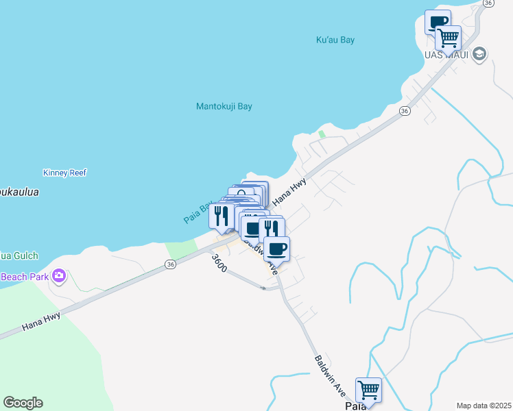 map of restaurants, bars, coffee shops, grocery stores, and more near 22 Loio Place in Paia