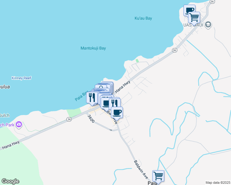 map of restaurants, bars, coffee shops, grocery stores, and more near 0 Hana Highway in Paia