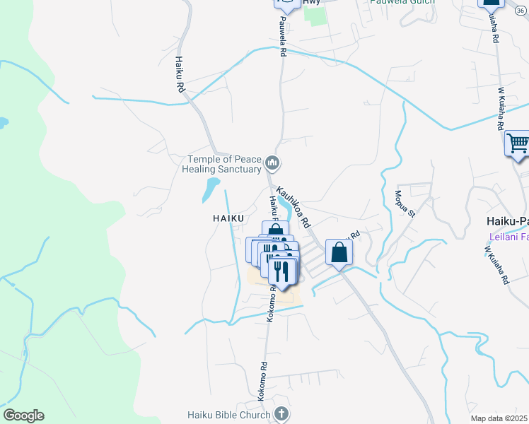 map of restaurants, bars, coffee shops, grocery stores, and more near 18 Haiku Nani Place in Haiku-Pauwela