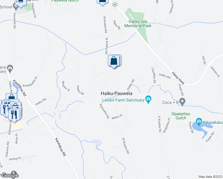 map of restaurants, bars, coffee shops, grocery stores, and more near 1727 Haiku Road in Haiku-Pauwela