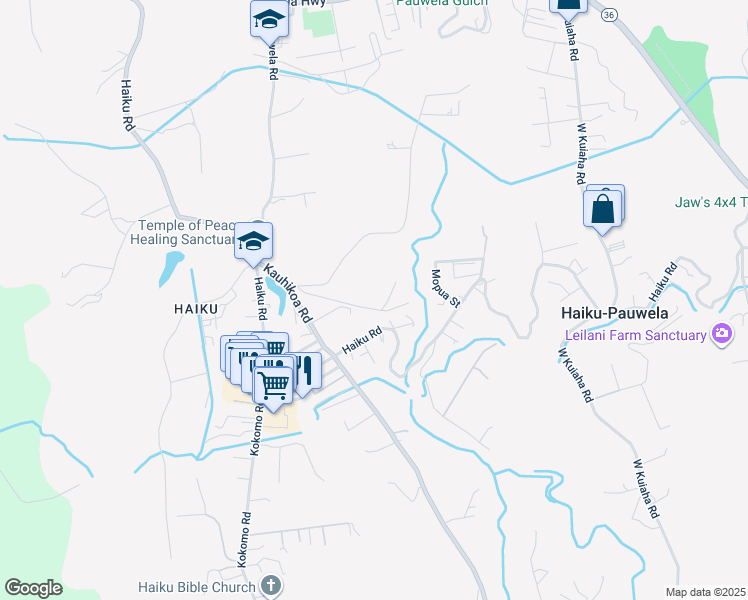 map of restaurants, bars, coffee shops, grocery stores, and more near Kauhikoa Road in Haiku-Pauwela