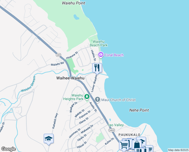 map of restaurants, bars, coffee shops, grocery stores, and more near 117 Lower Waiehu Beach Road in Wailuku