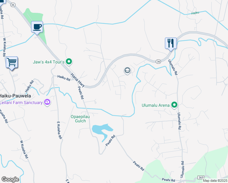 map of restaurants, bars, coffee shops, grocery stores, and more near 132 Hohani Place in Haiku-Pauwela