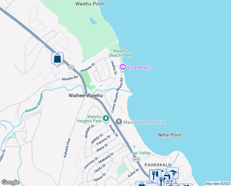 map of restaurants, bars, coffee shops, grocery stores, and more near 117 Lower Waiehu Beach Road in Wailuku