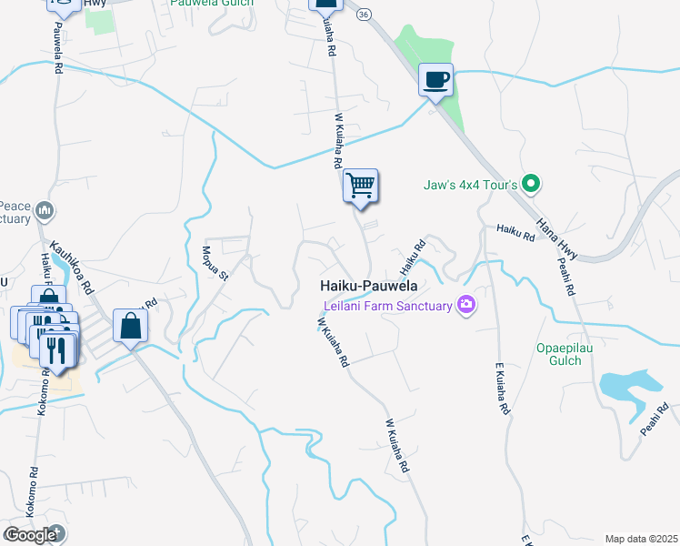 map of restaurants, bars, coffee shops, grocery stores, and more near 1706 Haiku Road in Haiku-Pauwela