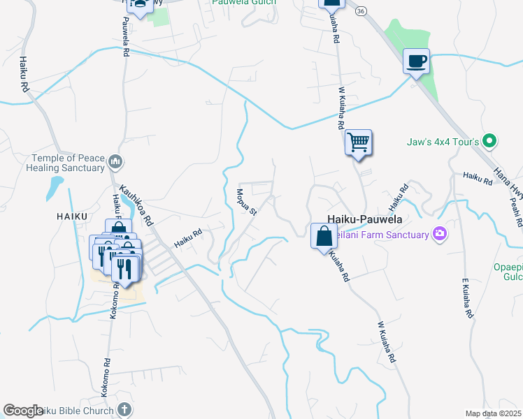 map of restaurants, bars, coffee shops, grocery stores, and more near 1333 Haiku Road in Haiku-Pauwela