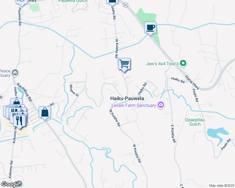 map of restaurants, bars, coffee shops, grocery stores, and more near 1706 Haiku Road in Haiku-Pauwela