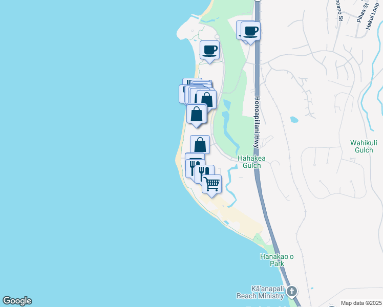 map of restaurants, bars, coffee shops, grocery stores, and more near 50 Nohea Kai Drive in Lahaina
