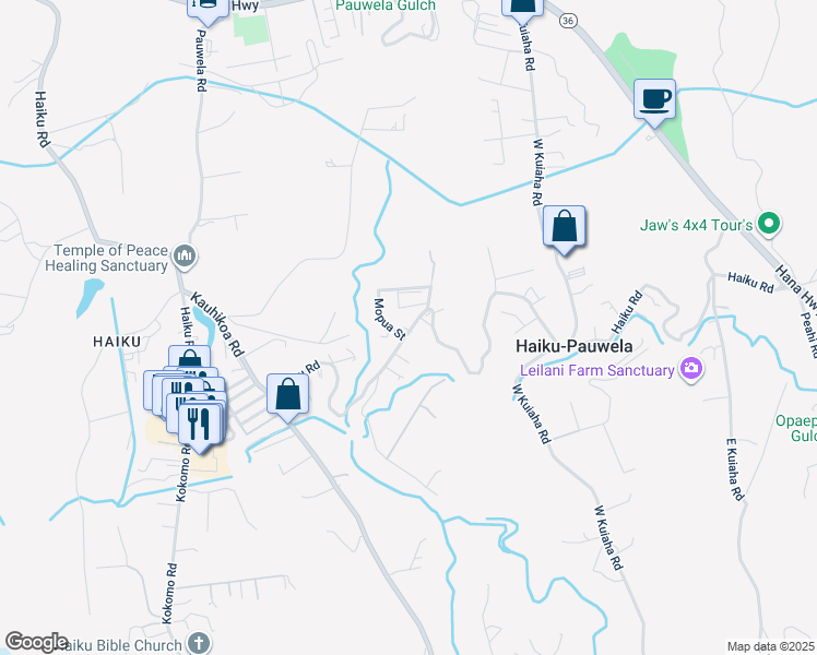 map of restaurants, bars, coffee shops, grocery stores, and more near 1335 Haiku Road in Haiku-Pauwela