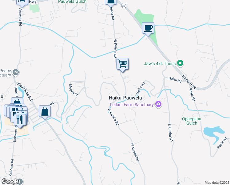 map of restaurants, bars, coffee shops, grocery stores, and more near 1702 Haiku Road in Haiku-Pauwela
