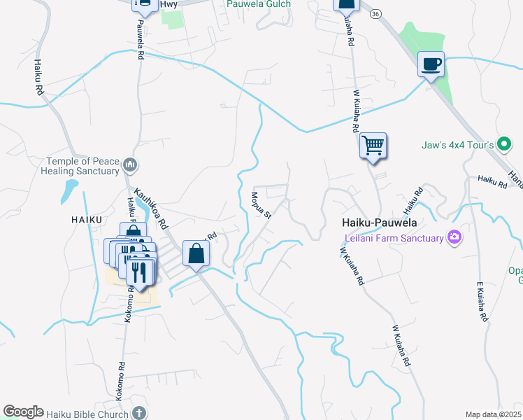 map of restaurants, bars, coffee shops, grocery stores, and more near 779 Mopua Street in Haiku-Pauwela