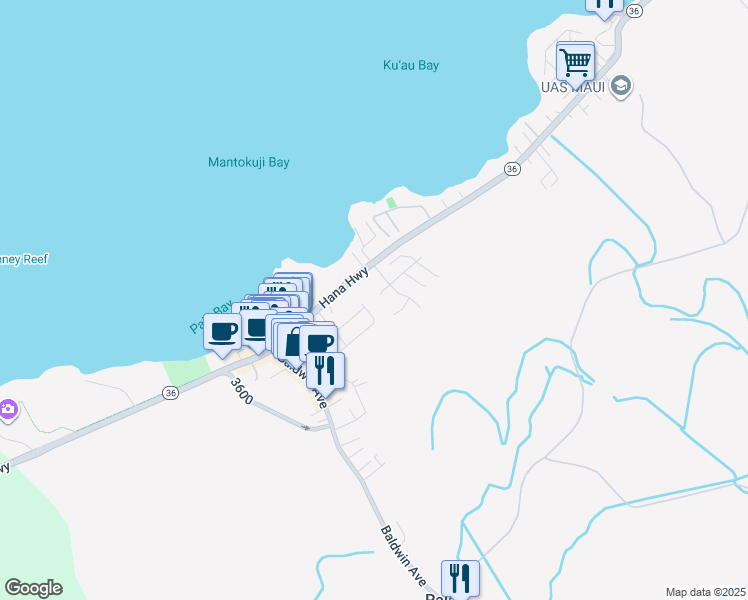 map of restaurants, bars, coffee shops, grocery stores, and more near 30 Hoe Place in Paia