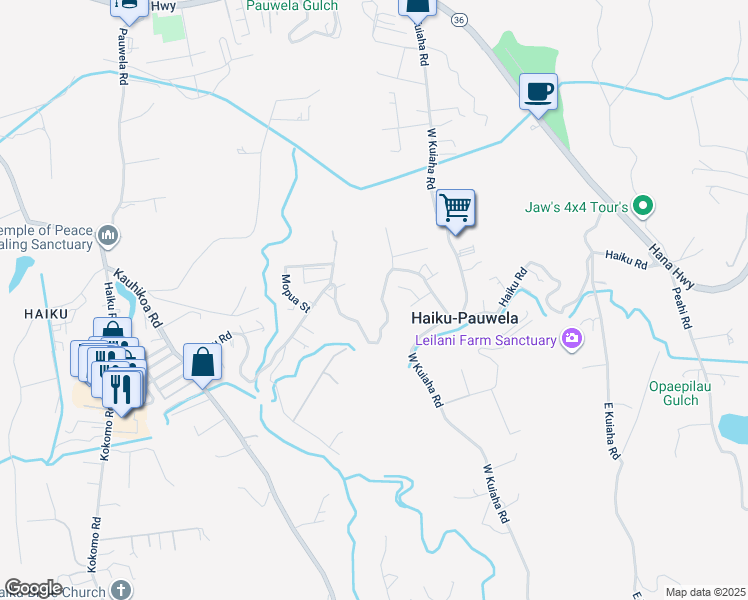 map of restaurants, bars, coffee shops, grocery stores, and more near 1565 Haiku Road in Haiku-Pauwela