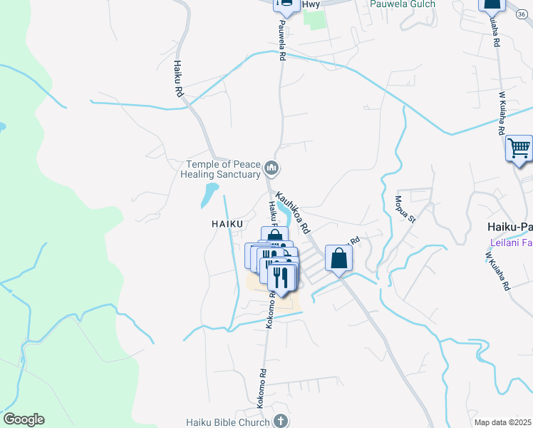 map of restaurants, bars, coffee shops, grocery stores, and more near 12 Haiku Nani Place in Haiku-Pauwela