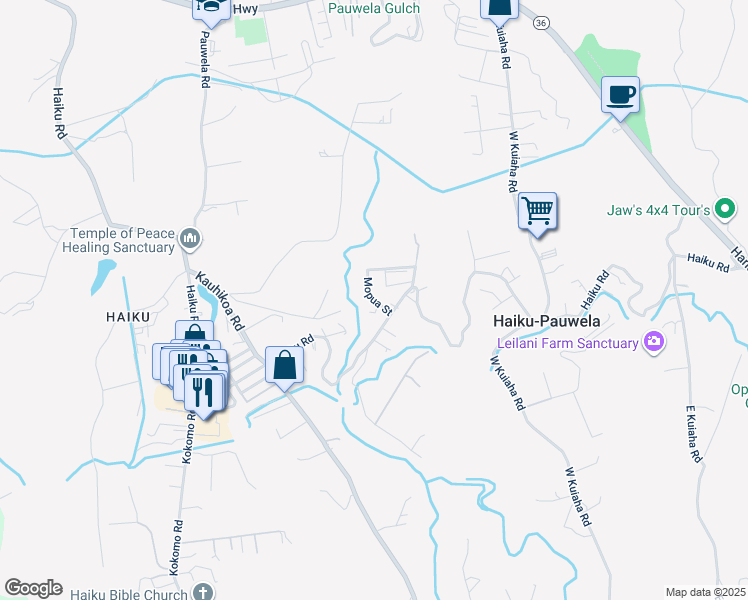 map of restaurants, bars, coffee shops, grocery stores, and more near Mopua Street in Haiku-Pauwela
