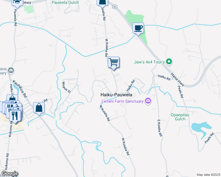 map of restaurants, bars, coffee shops, grocery stores, and more near 1707 Haiku Road in Haiku-Pauwela