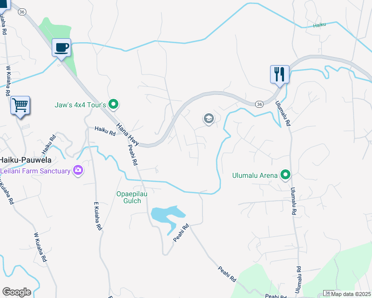 map of restaurants, bars, coffee shops, grocery stores, and more near 132 Hohani Place in Haiku-Pauwela