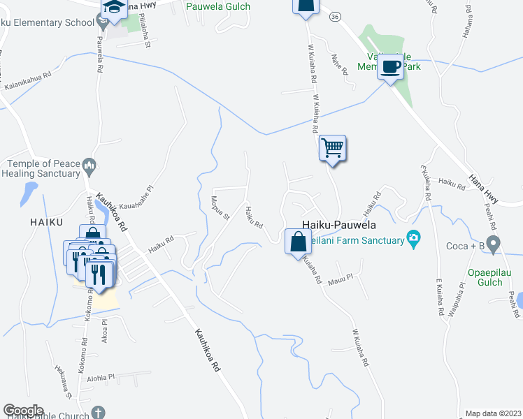 map of restaurants, bars, coffee shops, grocery stores, and more near 1621 Haiku Road in Haiku-Pauwela