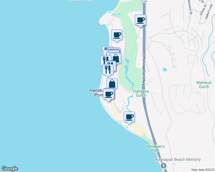 map of restaurants, bars, coffee shops, grocery stores, and more near 50 Nohea Kai Drive in Lahaina