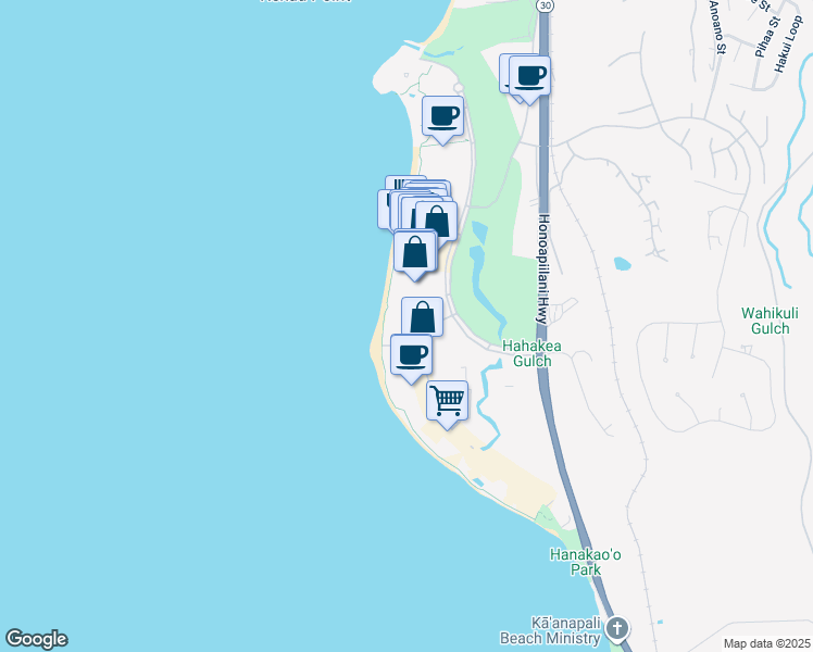 map of restaurants, bars, coffee shops, grocery stores, and more near 50 Nohea Kai Drive in Lahaina