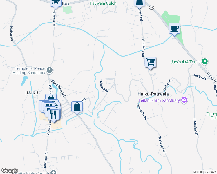 map of restaurants, bars, coffee shops, grocery stores, and more near 1345 Haiku Road in Haiku-Pauwela