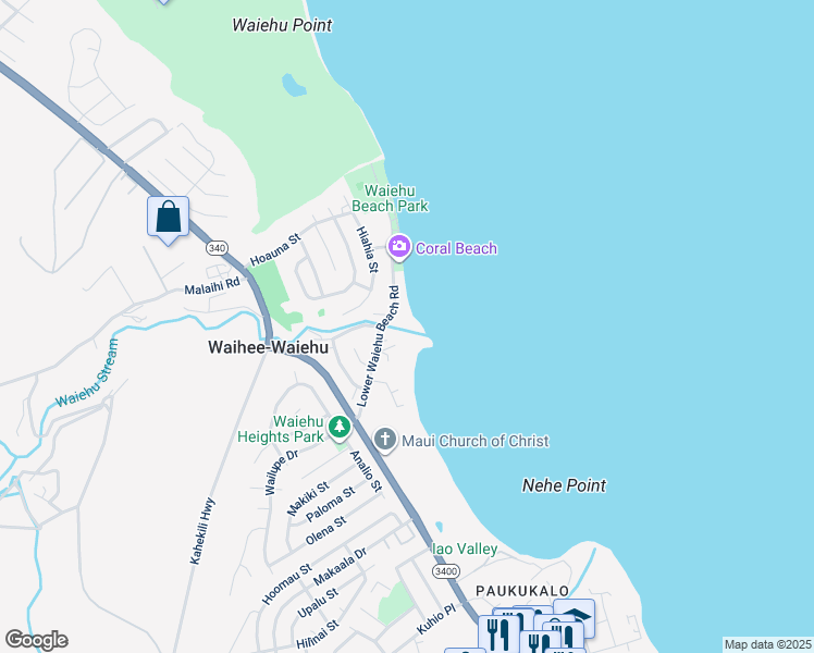 map of restaurants, bars, coffee shops, grocery stores, and more near 140 Lower Waiehu Beach Road in Wailuku